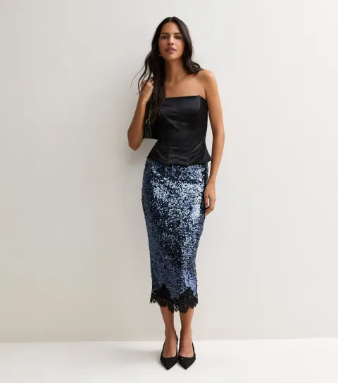 New Look Women's Mid Blue Sequin Lace Trim Midi Pencil Skirt