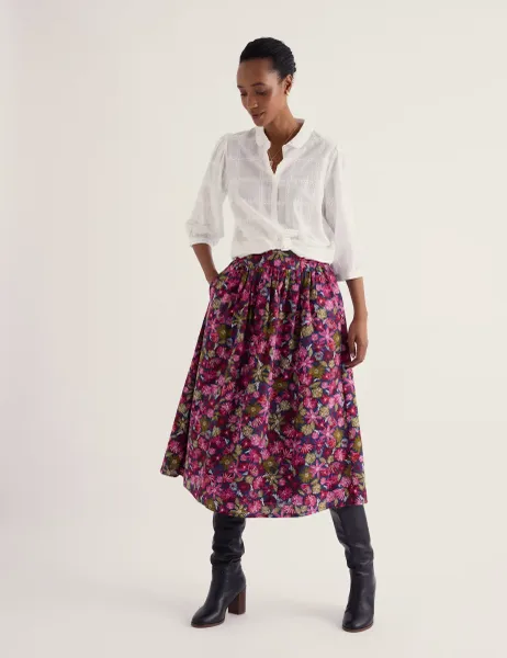 Seasalt Cornwall Pure Cotton Floral Midi A-Line Skirt Pink Mix