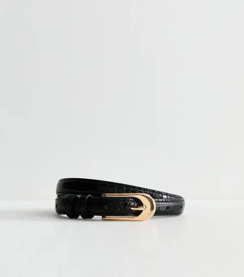New Look Black Faux Leather Skinny Crocodile Embossed Belt