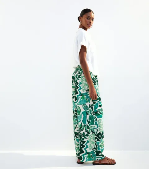 Women's Green Paisley Print Wide Leg Trousers