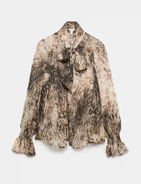 Per Una Animal Print Tie Neck Blouse Natural Mix