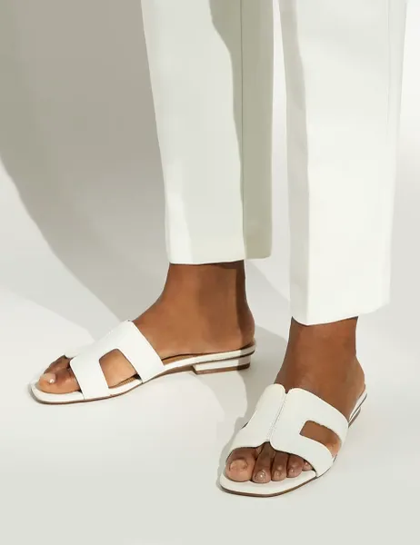 Dune London Leather Block Heel Sliders White