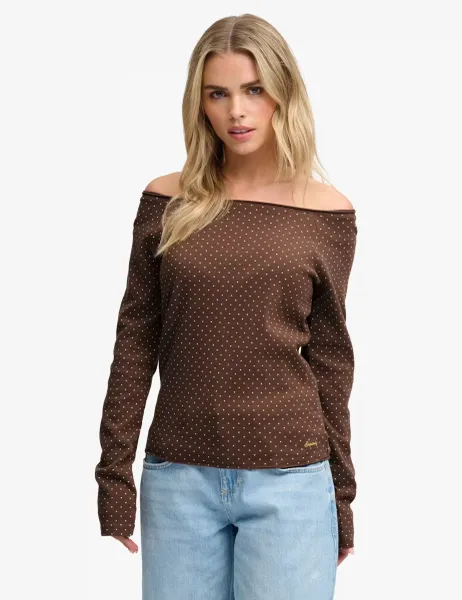 Superdry & Co Pure Cotton Polka Dot Off The Shoulder Top Brown Mix