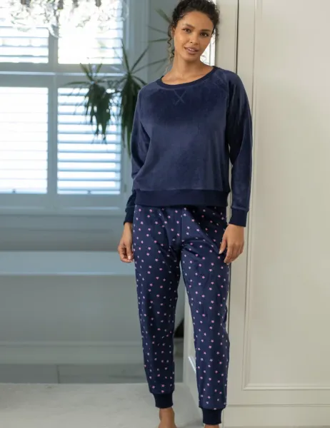 Fleece Heart Print Pyjama Set Navy Mix