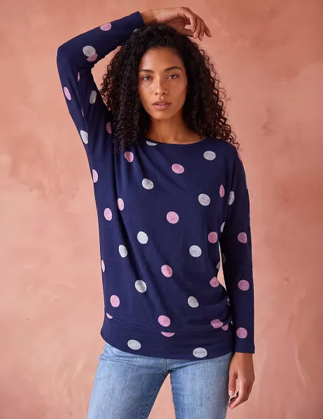 Roman Spot Print Crew Neck Top Navy