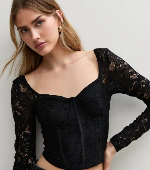 New Look Women's Black Lace Long Sleeve Corset Top