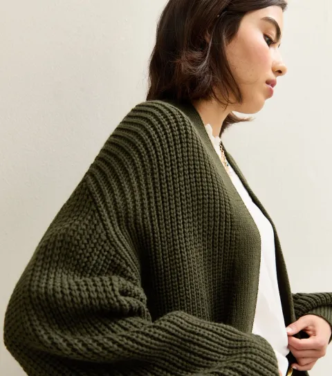New Look Women's Dark Khaki Stitchy Knit Balloon Sleeve Cardigan