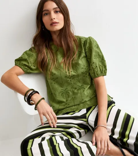 Women's Dark Khaki Palm Cutwork Puff Blouse