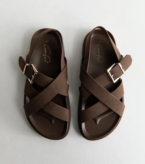 Women's Brown Faux Brushed Leather Multi Strap Chunky Flat Sandals Vegan