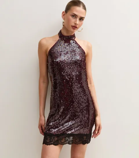 New Look Women's Dark Burgundy Sequin Lace Hem Halterneck Mini Dress