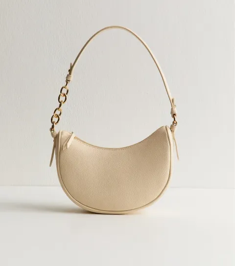 Cream Faux Leather Scooped Chain Shoulder Bag
