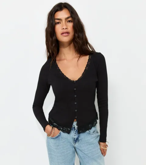 Women's Black Cotton Rich Lace Trim V-Neck Button Front Top