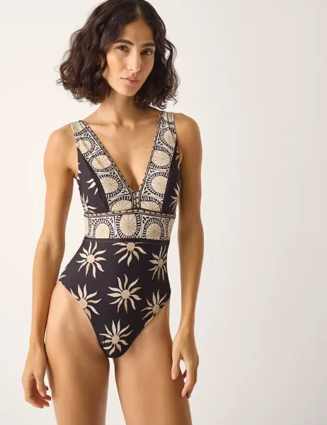 Monsoon Tanya Sun Print Plunge Swimsuit Black Mix
