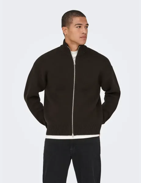 Only & Sons Cotton Rich Funnel Neck Zip Up Cardigan Black