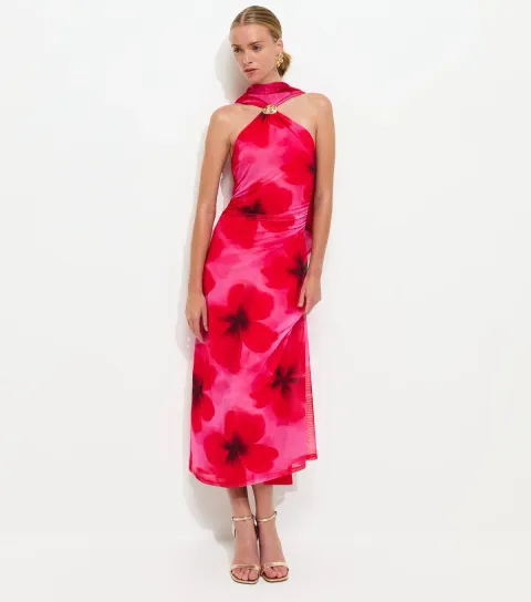 Women's Dark Pink Floral Halter Scarf Detail Mesh Midi Dress