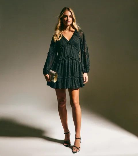 Women's Black Chiffon Gold Fleck Mini Dress