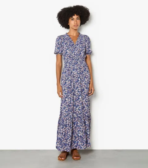 Women's Blue Smock V Neck Floral Maxi Dress