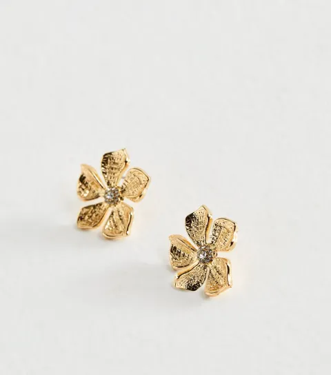 Gold Tone Diamante Centre Flower Large Stud Earrings