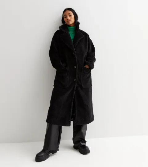Women's Black Teddy Pocket Front Long Coat