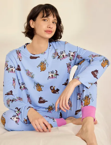 Chelsea Peers Fairytale Cats Long Button Up Pyjama Set Blue Mix
