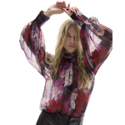River Island Floral Sheer Tie Neck Top