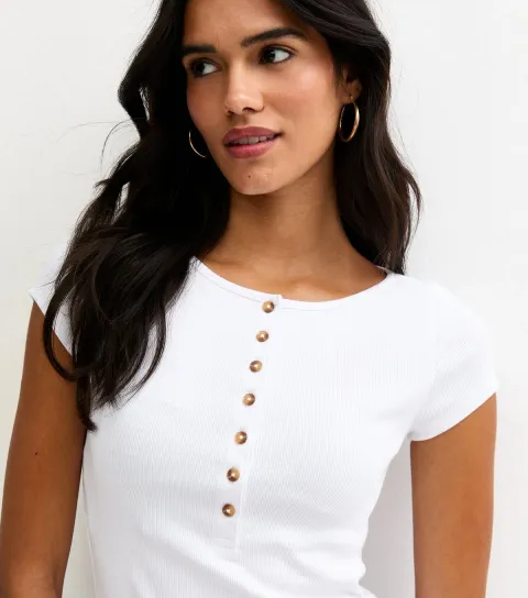 New Look Women's White Ribbed Jersey Button Placket Top