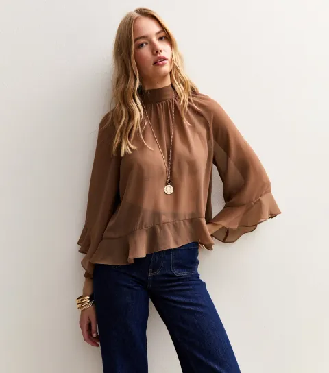 Women's Brown Ruffle Chiffon High Neck Asymmetrical Blouse