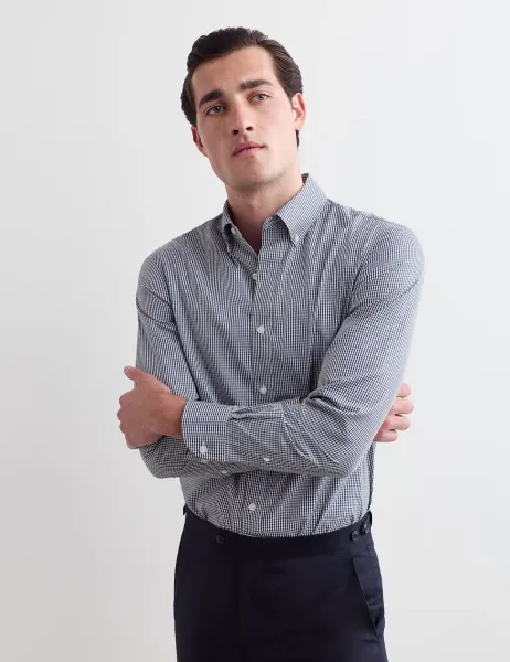 Jaeger Regular Fit Pure Cotton Gingham Luxury Shirt Navy Mix