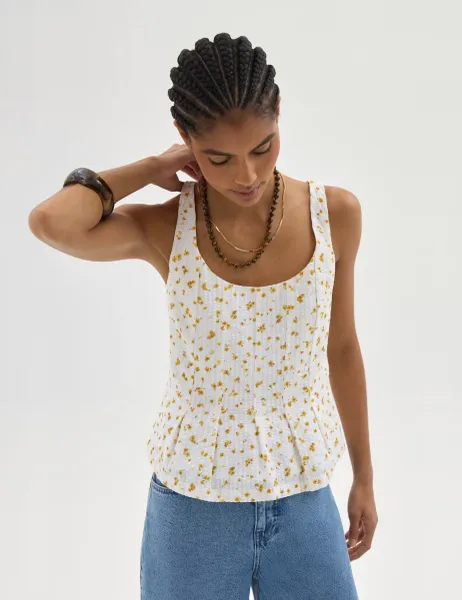 HUSH Pure Cotton Floral Textured Peplum Top White Mix