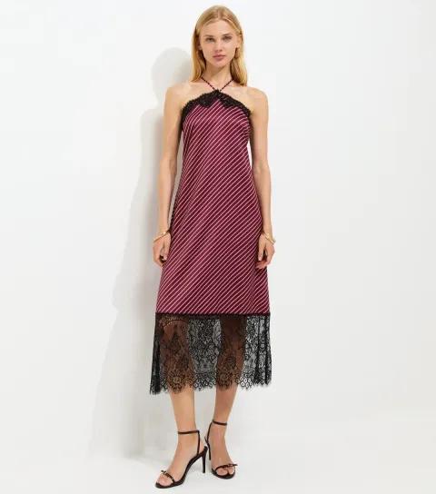 Women's Pink Satin Striped Lace Trim Halterneck Midaxi Dress