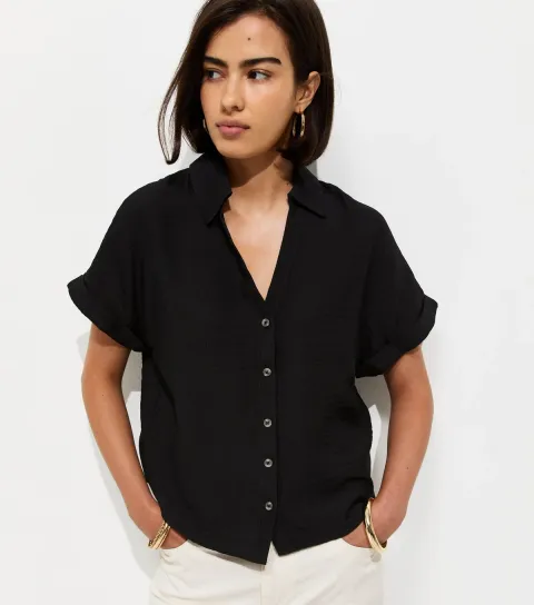 Women's Black Collared V Neck Short Shirt
