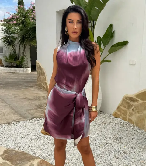 Women's Purple Smudge Print Tie Waist Mini Dress
