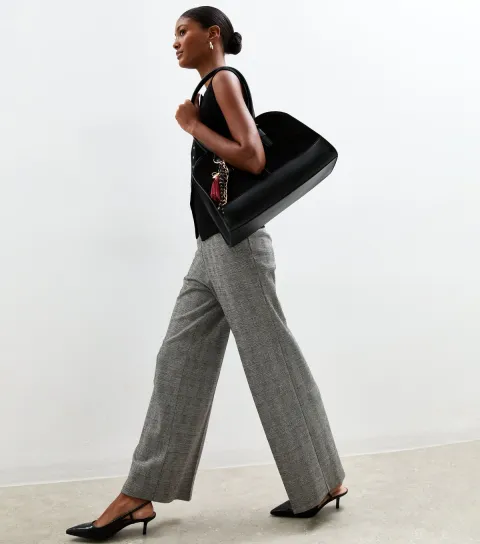 Women's Grey Jersey Checked Wide Leg Trousers