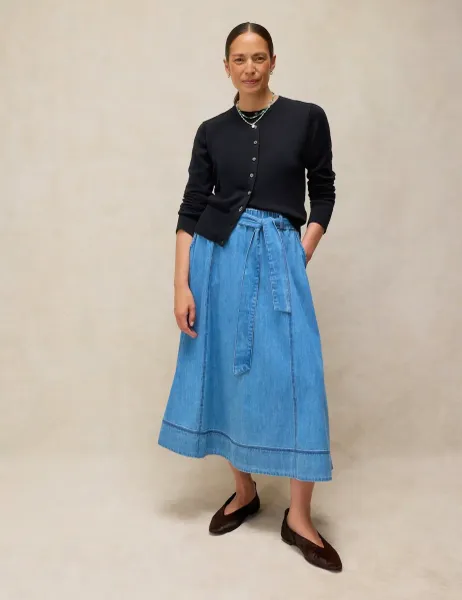 White Stuff Pure Cotton Denim Midi A-Line Skirt Blue Denim