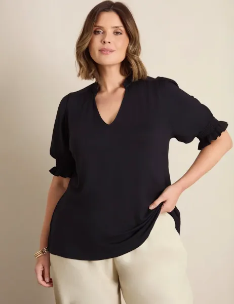 Live Unlimited London Jersey Shirred Sleeve V-Neck Top Black
