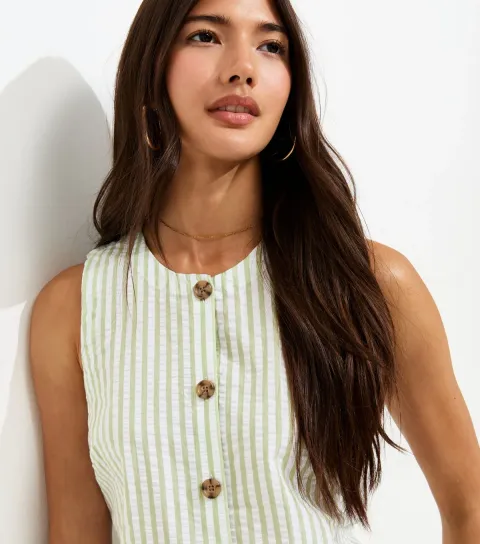 Women's Green Cotton Seersucker Stripe Button Front Sleeveless Top