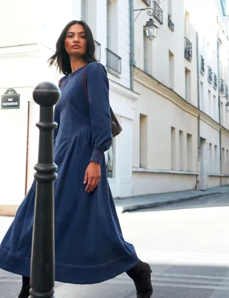 RO&ZO Lyocell Blend Gathered Midi Waisted Dress Blue Denim