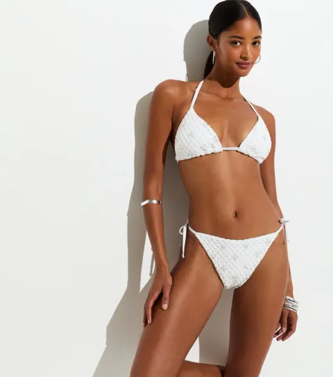 Women's Premium White 3D Sequin Tie Side Bikini Bottoms