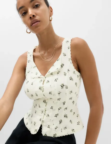 Marks & Spencer Linen Rich Floral Lace Insert Top Ivory Mix