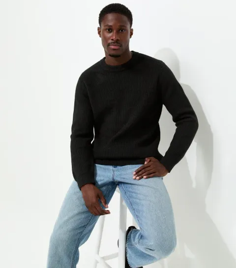 Men's Black Regular Fit Long Sleeve Fisherman Crew Neck Jumper