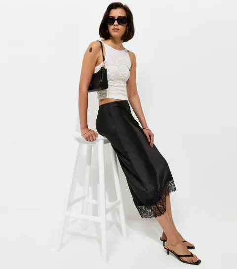 New Look Women's Black Deep Lace Trim Midi Skirt