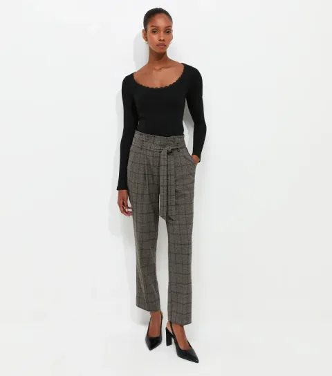 Women's Brown Herringbone Check Pattern Paperbag Waist Trousers