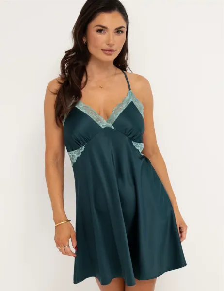 Dusk Satin Lace Trim Strappy Chemise Dark Green Mix