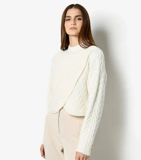 Apricot Women's Cream Cable Knit Mock Neck Front Wrap Jumper