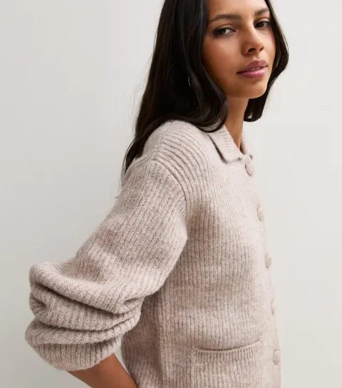 New Look Women's Oatmeal Ribbed Knit Spread Collar Button Front Cardigan