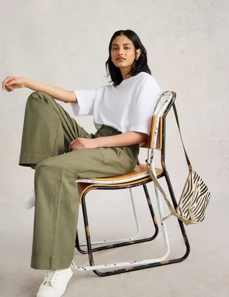 White Stuff Cotton Blend Wide Leg Chinos with Linen Green