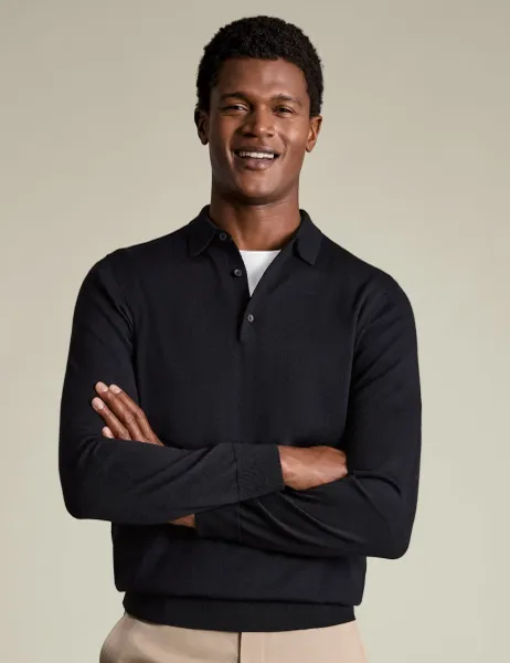 Charles Tyrwhitt Pure Merino Wool Collared Neck Jumper Black