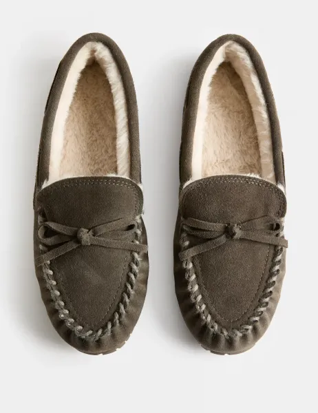 Marks & Spencer Suede Faux Fur Lined Moccasin Slippers Grey