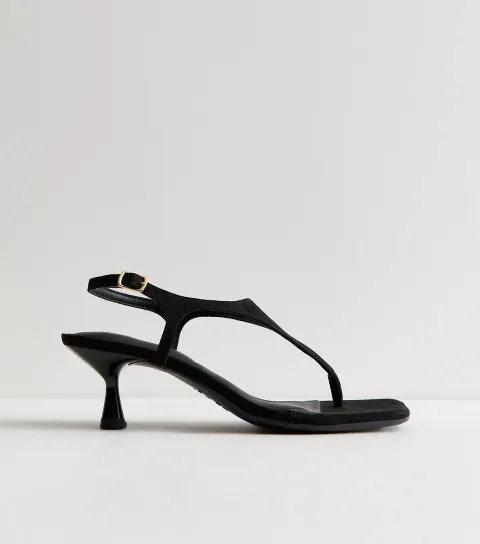 Women's Black Faux Suede Toe Post Kitten Heel Sandals Vegan