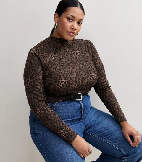 New Look Women's Plus Size Brown Cotton Rich Leopard Print Ribbed Stand Neck Top Curves